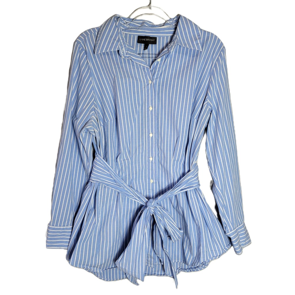 Lane Bryant Striped Button Up Shirt Women Size 18 Belted Tunic Blue White
